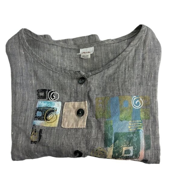 Odille Linen Top XS Gray Abstract Geometric Bohemian Button Down Oversized - Picture 10 of 11